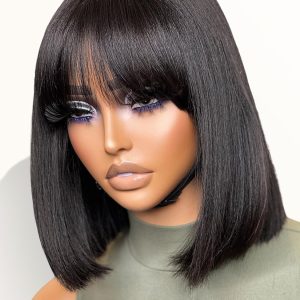 LUVME HAIR 10 Inch Light Yaki Straight Bob Wig with Bangs Human Hair Realistic HD Lace Short Black Bob Wigs, Ready to Go Blunt Cut Bob Wig Glueless 180 Density