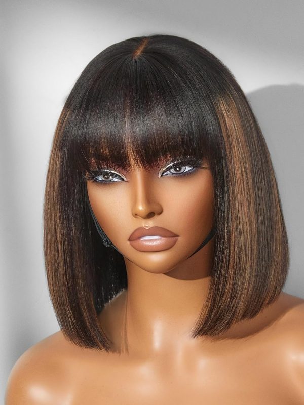 LUVME HAIR 10 Inch Light Yaki Straight Bob Wig with Bangs Human Hair Realistic HD Lace Short Black Bob Wigs, Ready to Go Blunt Cut Bob Wig Glueless 180 Density - Image 9