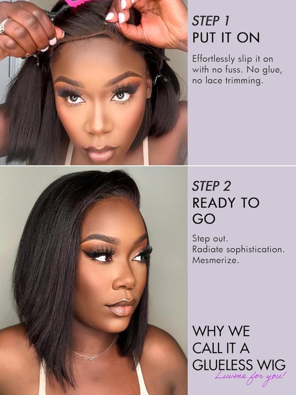 LUVME HAIR 10 Inch Light Yaki Straight Bob Wig with Bangs Human Hair Realistic HD Lace Short Black Bob Wigs, Ready to Go Blunt Cut Bob Wig Glueless 180 Density - Image 35