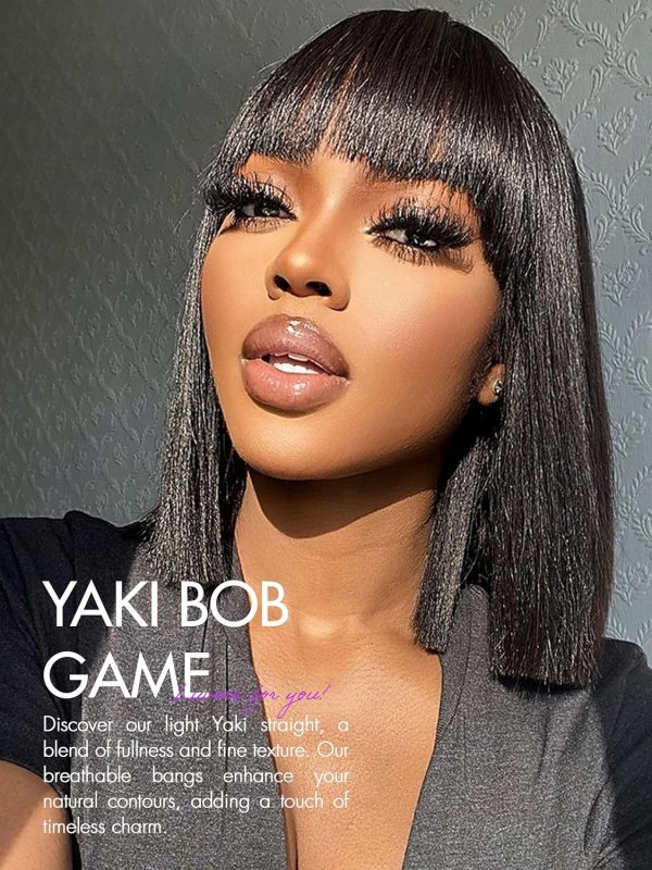 LUVME HAIR 10 Inch Light Yaki Straight Bob Wig with Bangs Human Hair Realistic HD Lace Short Black Bob Wigs, Ready to Go Blunt Cut Bob Wig Glueless 180 Density - Image 38
