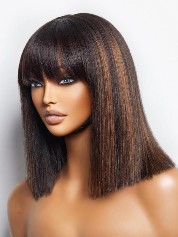 LUVME HAIR 10 Inch Light Yaki Straight Bob Wig with Bangs Human Hair Realistic HD Lace Short Black Bob Wigs, Ready to Go Blunt Cut Bob Wig Glueless 180 Density - Image 49
