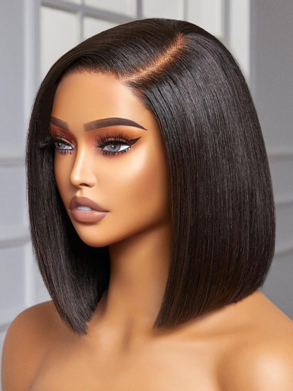 LUVME HAIR 10 Inch Light Yaki Straight Bob Wig with Bangs Human Hair Realistic HD Lace Short Black Bob Wigs, Ready to Go Blunt Cut Bob Wig Glueless 180 Density - Image 52