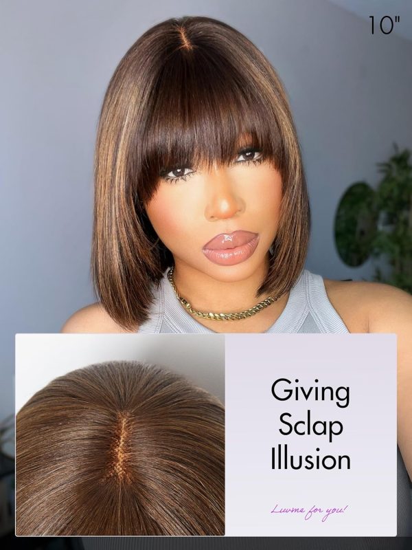 LUVME HAIR 10 Inch Light Yaki Straight Bob Wig with Bangs Human Hair Realistic HD Lace Short Black Bob Wigs, Ready to Go Blunt Cut Bob Wig Glueless 180 Density - Image 79