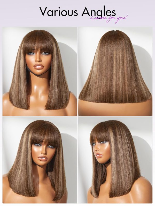 LUVME HAIR 10 Inch Light Yaki Straight Bob Wig with Bangs Human Hair Realistic HD Lace Short Black Bob Wigs, Ready to Go Blunt Cut Bob Wig Glueless 180 Density - Image 82