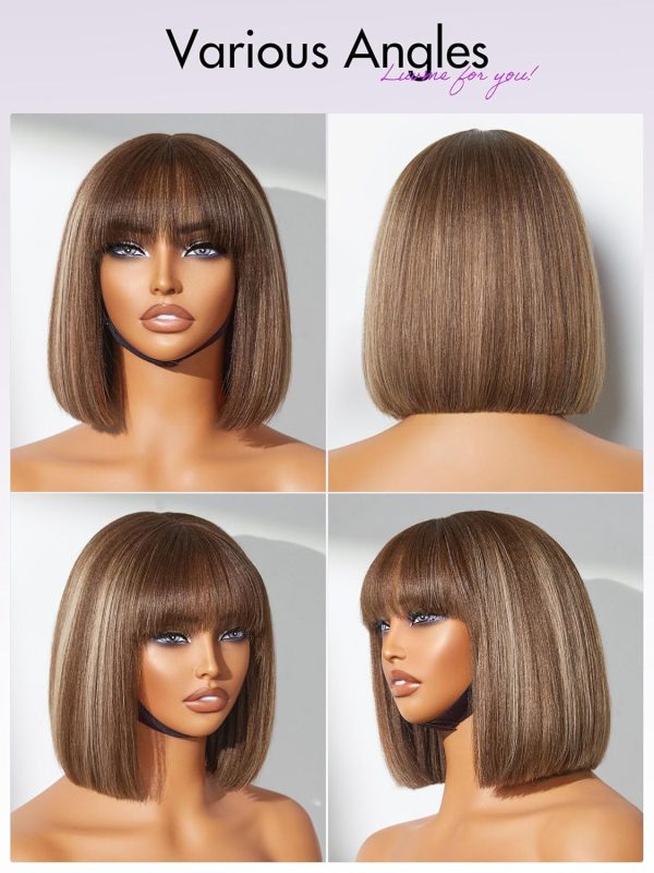 LUVME HAIR 10 Inch Light Yaki Straight Bob Wig with Bangs Human Hair Realistic HD Lace Short Black Bob Wigs, Ready to Go Blunt Cut Bob Wig Glueless 180 Density - Image 91