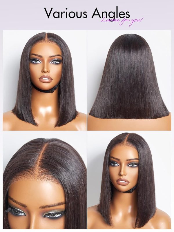 LUVME HAIR 10 Inch Light Yaki Straight Bob Wig with Bangs Human Hair Realistic HD Lace Short Black Bob Wigs, Ready to Go Blunt Cut Bob Wig Glueless 180 Density - Image 98