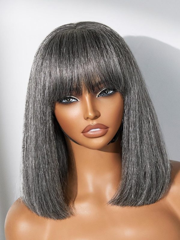 LUVME HAIR 10 Inch Light Yaki Straight Bob Wig with Bangs Human Hair Realistic HD Lace Short Black Bob Wigs, Ready to Go Blunt Cut Bob Wig Glueless 180 Density - Image 106