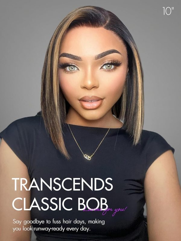 LUVME HAIR 10 Inch Light Yaki Straight Bob Wig with Bangs Human Hair Realistic HD Lace Short Black Bob Wigs, Ready to Go Blunt Cut Bob Wig Glueless 180 Density - Image 118