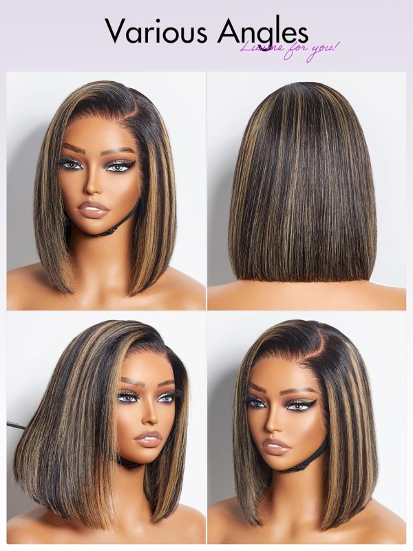 LUVME HAIR 10 Inch Light Yaki Straight Bob Wig with Bangs Human Hair Realistic HD Lace Short Black Bob Wigs, Ready to Go Blunt Cut Bob Wig Glueless 180 Density - Image 123