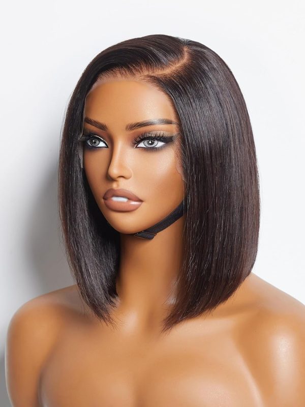 LUVME HAIR 10 Inch Light Yaki Straight Bob Wig with Bangs Human Hair Realistic HD Lace Short Black Bob Wigs, Ready to Go Blunt Cut Bob Wig Glueless 180 Density - Image 124