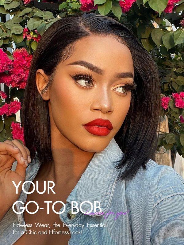 LUVME HAIR 10 Inch Light Yaki Straight Bob Wig with Bangs Human Hair Realistic HD Lace Short Black Bob Wigs, Ready to Go Blunt Cut Bob Wig Glueless 180 Density - Image 125