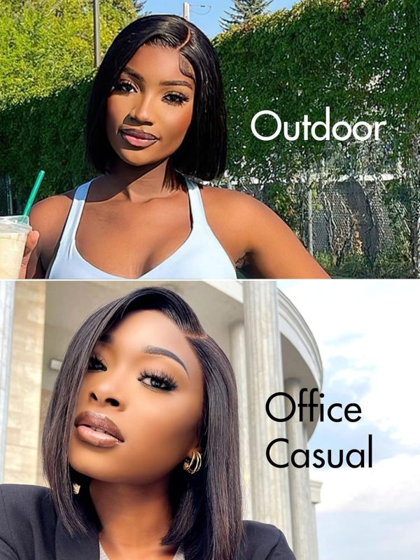 LUVME HAIR 10 Inch Light Yaki Straight Bob Wig with Bangs Human Hair Realistic HD Lace Short Black Bob Wigs, Ready to Go Blunt Cut Bob Wig Glueless 180 Density - Image 130