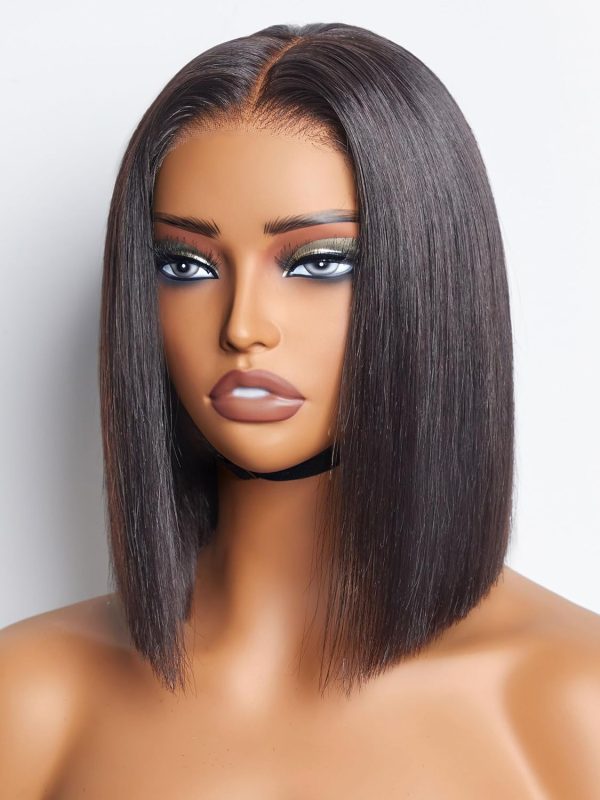 LUVME HAIR 10 Inch Light Yaki Straight Bob Wig with Bangs Human Hair Realistic HD Lace Short Black Bob Wigs, Ready to Go Blunt Cut Bob Wig Glueless 180 Density - Image 134