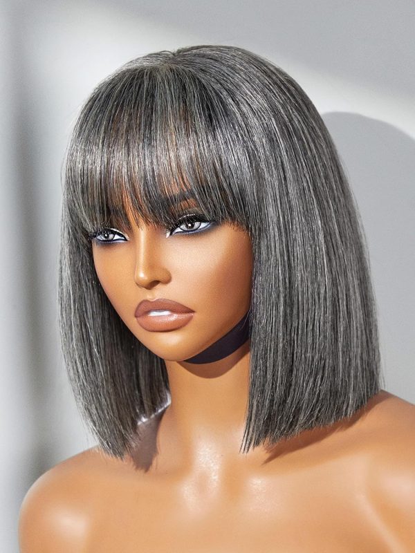 LUVME HAIR 10 Inch Light Yaki Straight Bob Wig with Bangs Human Hair Realistic HD Lace Short Black Bob Wigs, Ready to Go Blunt Cut Bob Wig Glueless 180 Density - Image 163