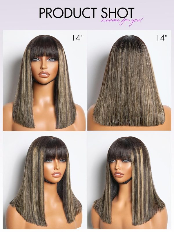 LUVME HAIR 10 Inch Light Yaki Straight Bob Wig with Bangs Human Hair Realistic HD Lace Short Black Bob Wigs, Ready to Go Blunt Cut Bob Wig Glueless 180 Density - Image 171