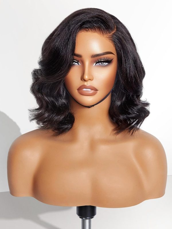 LUVME HAIR 10 Inch Light Yaki Straight Bob Wig with Bangs Human Hair Realistic HD Lace Short Black Bob Wigs, Ready to Go Blunt Cut Bob Wig Glueless 180 Density - Image 172