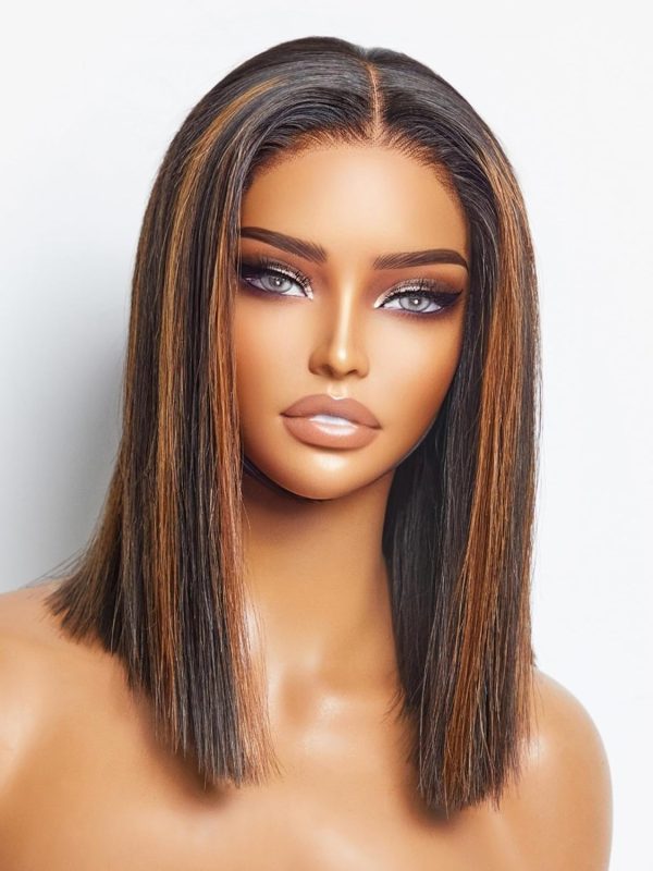 LUVME HAIR 10 Inch Light Yaki Straight Bob Wig with Bangs Human Hair Realistic HD Lace Short Black Bob Wigs, Ready to Go Blunt Cut Bob Wig Glueless 180 Density - Image 174
