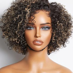 LUVME HAIR 8 Inch Blonde Highlight Short Curly Human Hair Wig Glueless Pre Plucked Left C Parted Ombre Bob Wig, Ready to Go Pre Cut HD Lace Closure Wig