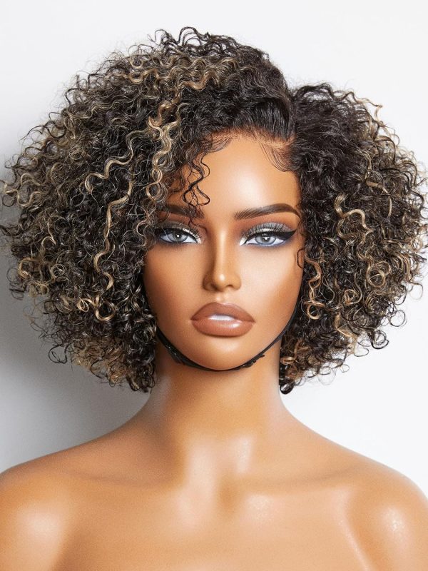LUVME HAIR 8 Inch Blonde Highlight Short Curly Human Hair Wig Glueless Pre Plucked Left C Parted Ombre Bob Wig, Ready to Go Pre Cut HD Lace Closure Wig