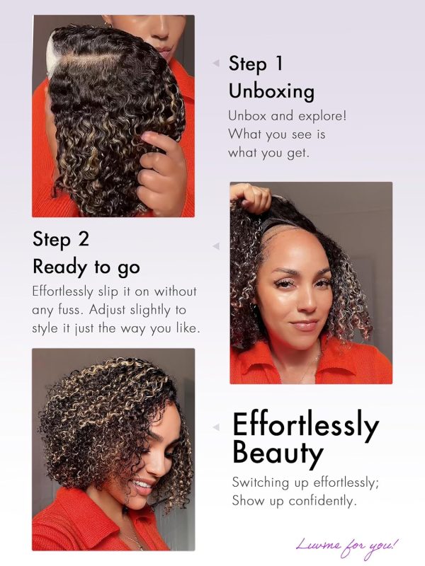 LUVME HAIR 8 Inch Blonde Highlight Short Curly Human Hair Wig Glueless Pre Plucked Left C Parted Ombre Bob Wig, Ready to Go Pre Cut HD Lace Closure Wig - Image 5