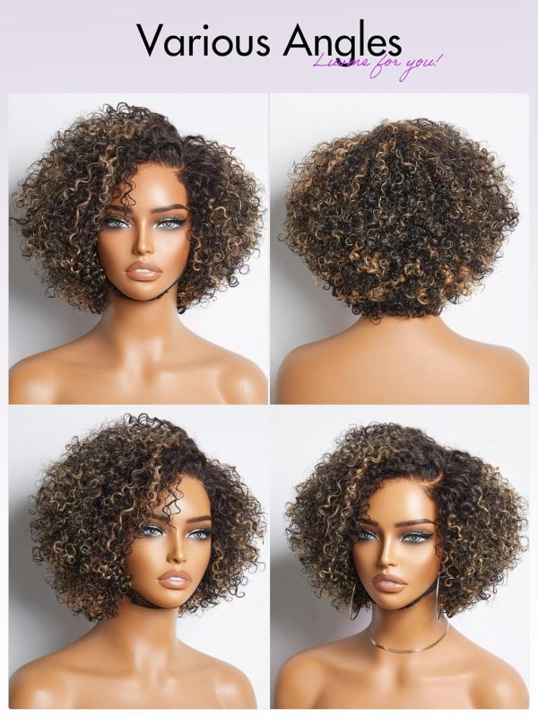 LUVME HAIR 8 Inch Blonde Highlight Short Curly Human Hair Wig Glueless Pre Plucked Left C Parted Ombre Bob Wig, Ready to Go Pre Cut HD Lace Closure Wig - Image 6