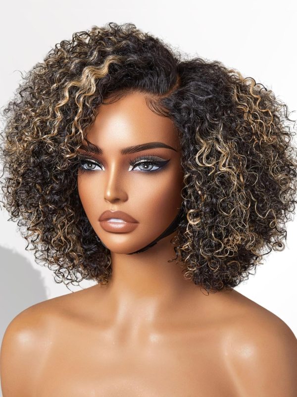 LUVME HAIR 8 Inch Blonde Highlight Short Curly Human Hair Wig Glueless Pre Plucked Left C Parted Ombre Bob Wig, Ready to Go Pre Cut HD Lace Closure Wig - Image 60