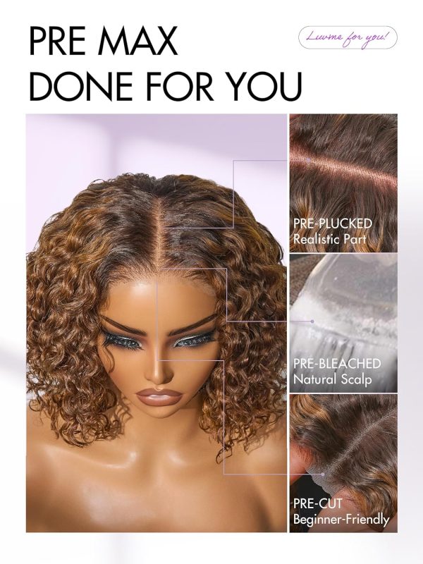 LUVME HAIR 8 Inch Blonde Highlight Short Curly Human Hair Wig Glueless Pre Plucked Left C Parted Ombre Bob Wig, Ready to Go Pre Cut HD Lace Closure Wig - Image 85