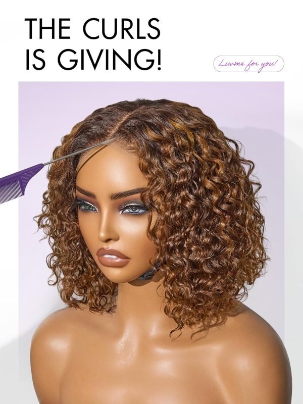 LUVME HAIR 8 Inch Blonde Highlight Short Curly Human Hair Wig Glueless Pre Plucked Left C Parted Ombre Bob Wig, Ready to Go Pre Cut HD Lace Closure Wig - Image 87