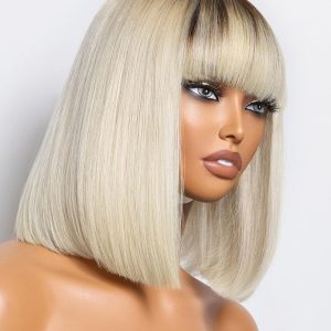 LUVME HAIR Ombre Blonde Bob Wig with Bangs Human Hair, Silky Straight Platinum Blonde Human Hair Short Wigs with Dark Roots, Ready to Go Lace Bang Bob Wig 10 Inch
