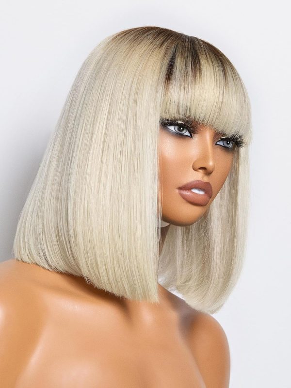 LUVME HAIR Ombre Blonde Bob Wig with Bangs Human Hair, Silky Straight Platinum Blonde Human Hair Short Wigs with Dark Roots, Ready to Go Lace Bang Bob Wig 10 Inch