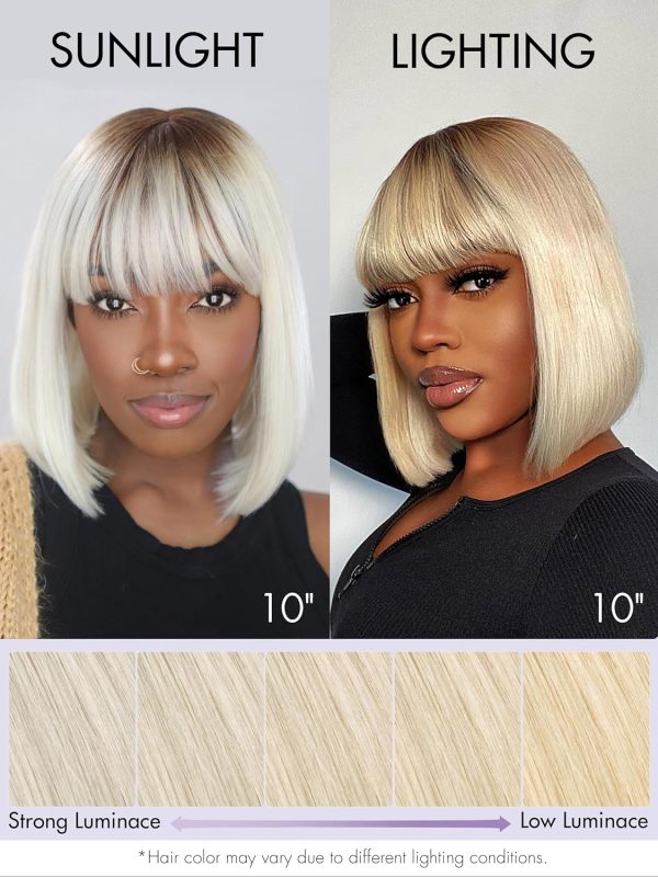LUVME HAIR Ombre Blonde Bob Wig with Bangs Human Hair, Silky Straight Platinum Blonde Human Hair Short Wigs with Dark Roots, Ready to Go Lace Bang Bob Wig 10 Inch - Image 2