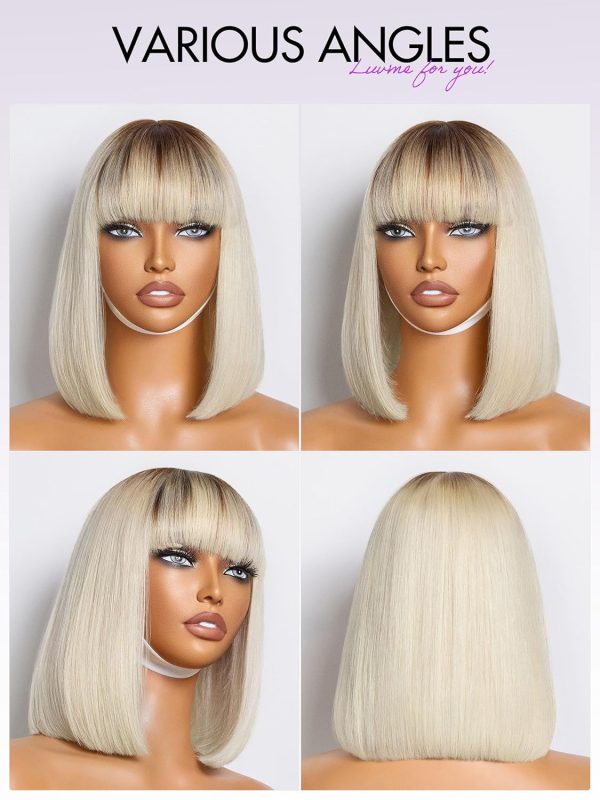 LUVME HAIR Ombre Blonde Bob Wig with Bangs Human Hair, Silky Straight Platinum Blonde Human Hair Short Wigs with Dark Roots, Ready to Go Lace Bang Bob Wig 10 Inch - Image 6