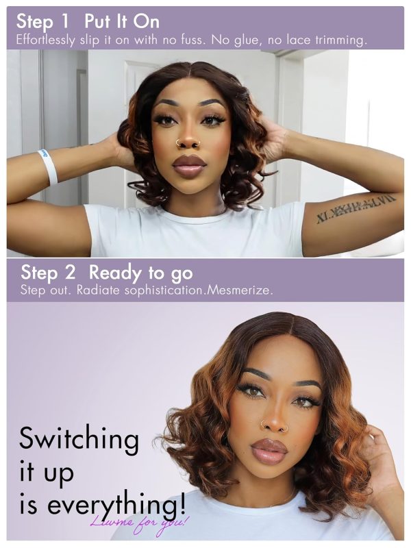LUVME HAIR 8 Inch Blonde Highlight Short Curly Human Hair Wig Glueless Pre Plucked Left C Parted Ombre Bob Wig, Ready to Go Pre Cut HD Lace Closure Wig - Image 130
