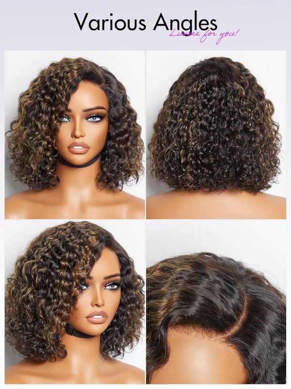 LUVME HAIR 8 Inch Blonde Highlight Short Curly Human Hair Wig Glueless Pre Plucked Left C Parted Ombre Bob Wig, Ready to Go Pre Cut HD Lace Closure Wig - Image 143