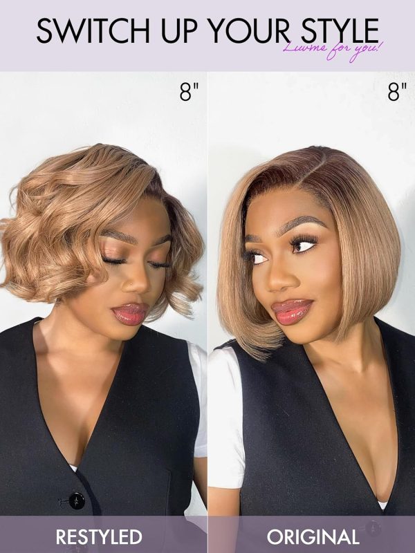 LUVME HAIR 8 Inch Blonde Highlight Short Curly Human Hair Wig Glueless Pre Plucked Left C Parted Ombre Bob Wig, Ready to Go Pre Cut HD Lace Closure Wig - Image 154