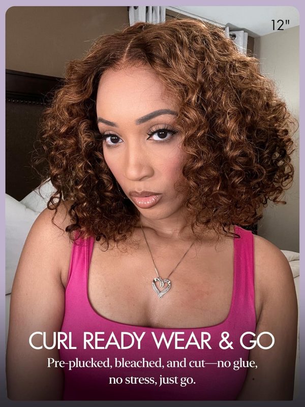 LUVME HAIR 8 Inch Blonde Highlight Short Curly Human Hair Wig Glueless Pre Plucked Left C Parted Ombre Bob Wig, Ready to Go Pre Cut HD Lace Closure Wig - Image 169