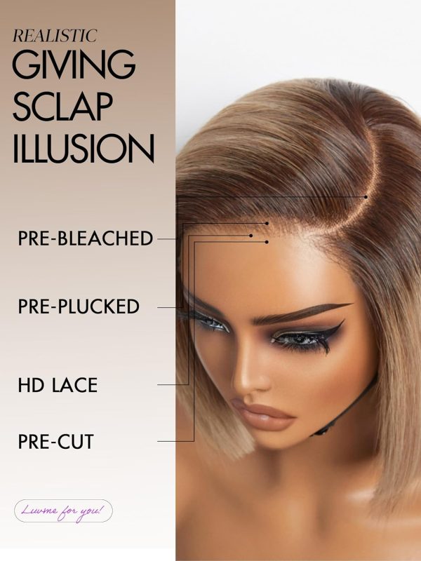 LUVME HAIR 8 Inch Blonde Highlight Short Curly Human Hair Wig Glueless Pre Plucked Left C Parted Ombre Bob Wig, Ready to Go Pre Cut HD Lace Closure Wig - Image 173