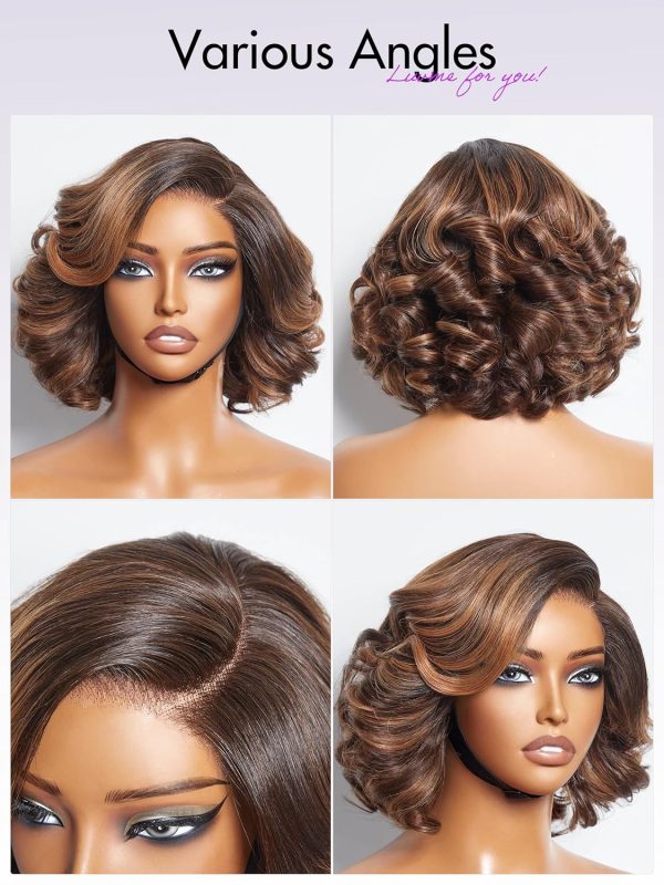 LUVME HAIR 8 Inch Blonde Highlight Short Curly Human Hair Wig Glueless Pre Plucked Left C Parted Ombre Bob Wig, Ready to Go Pre Cut HD Lace Closure Wig - Image 192