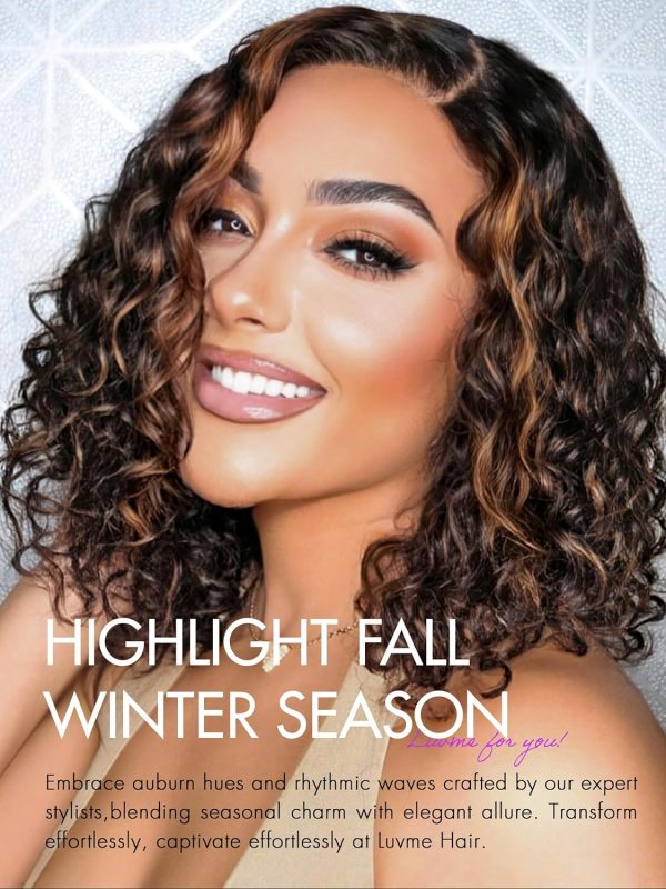 LUVME HAIR 8 Inch Blonde Highlight Short Curly Human Hair Wig Glueless Pre Plucked Left C Parted Ombre Bob Wig, Ready to Go Pre Cut HD Lace Closure Wig - Image 195