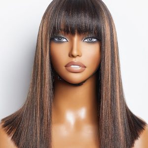 LUVME HAIR 14 Inch Yaki Straight Bob Wig with Bangs Human Hair Glueless HD Lace Bob Wig with Brown Highlights, Ready to Go Short Wigs For Women 180 Density Breathable Cap