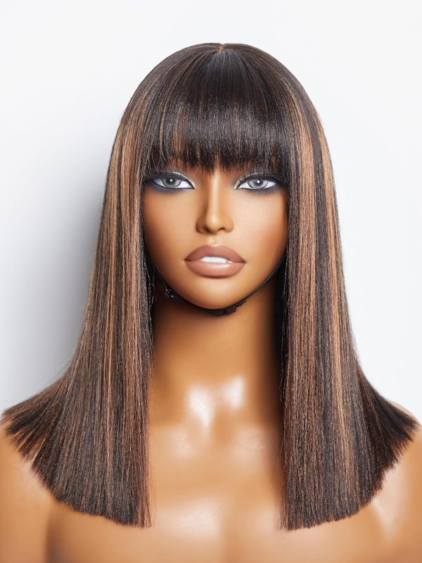 LUVME HAIR 14 Inch Yaki Straight Bob Wig with Bangs Human Hair Glueless HD Lace Bob Wig with Brown Highlights, Ready to Go Short Wigs For Women 180 Density Breathable Cap