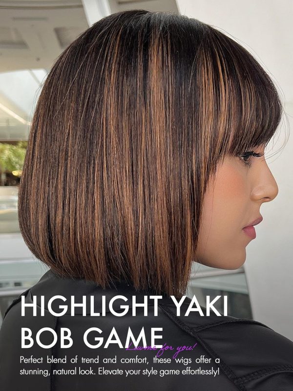 LUVME HAIR 14 Inch Yaki Straight Bob Wig with Bangs Human Hair Glueless HD Lace Bob Wig with Brown Highlights, Ready to Go Short Wigs For Women 180 Density Breathable Cap - Image 2