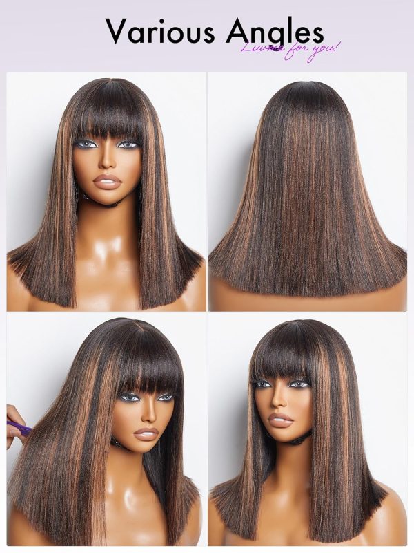 LUVME HAIR 14 Inch Yaki Straight Bob Wig with Bangs Human Hair Glueless HD Lace Bob Wig with Brown Highlights, Ready to Go Short Wigs For Women 180 Density Breathable Cap - Image 7