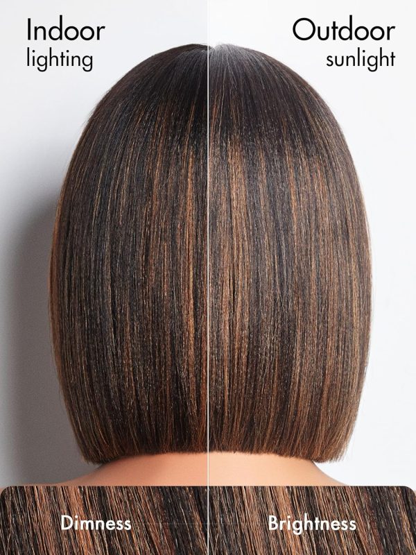 LUVME HAIR 14 Inch Yaki Straight Bob Wig with Bangs Human Hair Glueless HD Lace Bob Wig with Brown Highlights, Ready to Go Short Wigs For Women 180 Density Breathable Cap - Image 9