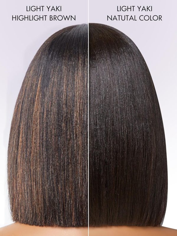LUVME HAIR 14 Inch Yaki Straight Bob Wig with Bangs Human Hair Glueless HD Lace Bob Wig with Brown Highlights, Ready to Go Short Wigs For Women 180 Density Breathable Cap - Image 11