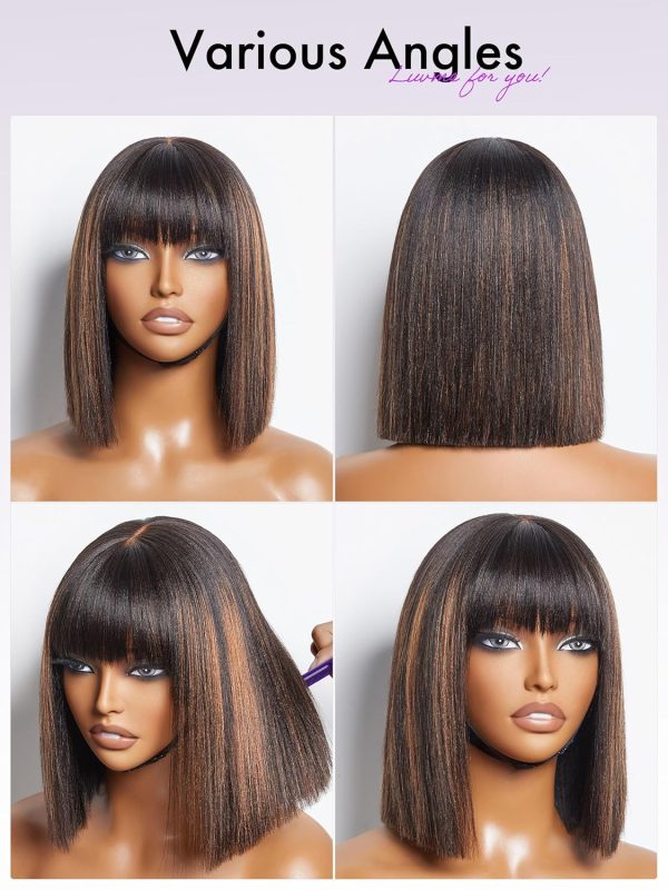 LUVME HAIR 14 Inch Yaki Straight Bob Wig with Bangs Human Hair Glueless HD Lace Bob Wig with Brown Highlights, Ready to Go Short Wigs For Women 180 Density Breathable Cap - Image 12