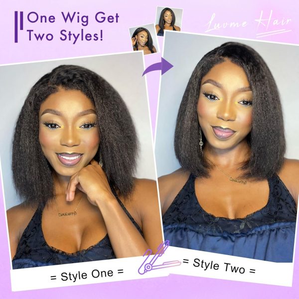 LUVME HAIR 14 Inch Yaki Straight Bob Wig with Bangs Human Hair Glueless HD Lace Bob Wig with Brown Highlights, Ready to Go Short Wigs For Women 180 Density Breathable Cap - Image 23