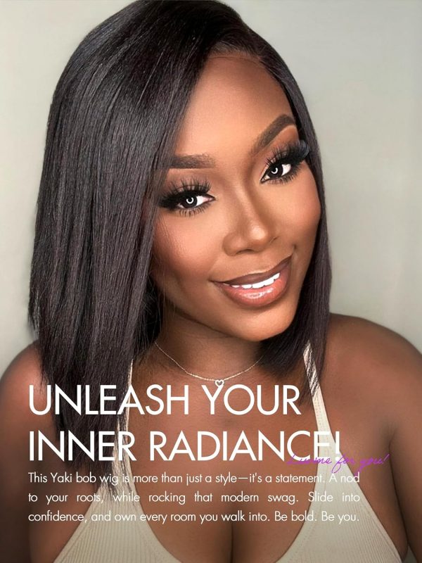 LUVME HAIR 14 Inch Yaki Straight Bob Wig with Bangs Human Hair Glueless HD Lace Bob Wig with Brown Highlights, Ready to Go Short Wigs For Women 180 Density Breathable Cap - Image 27