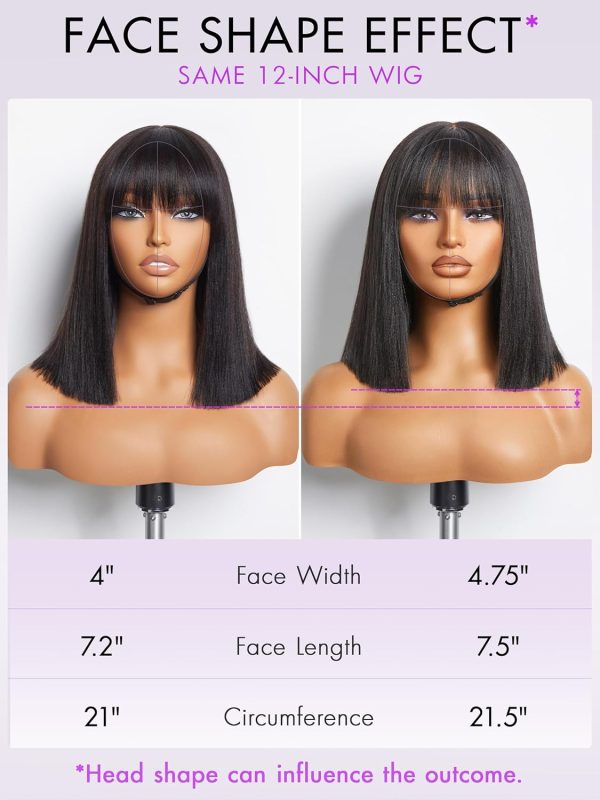 LUVME HAIR 14 Inch Yaki Straight Bob Wig with Bangs Human Hair Glueless HD Lace Bob Wig with Brown Highlights, Ready to Go Short Wigs For Women 180 Density Breathable Cap - Image 36