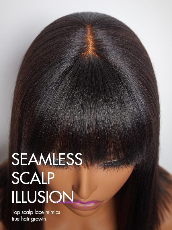 LUVME HAIR 14 Inch Yaki Straight Bob Wig with Bangs Human Hair Glueless HD Lace Bob Wig with Brown Highlights, Ready to Go Short Wigs For Women 180 Density Breathable Cap - Image 37